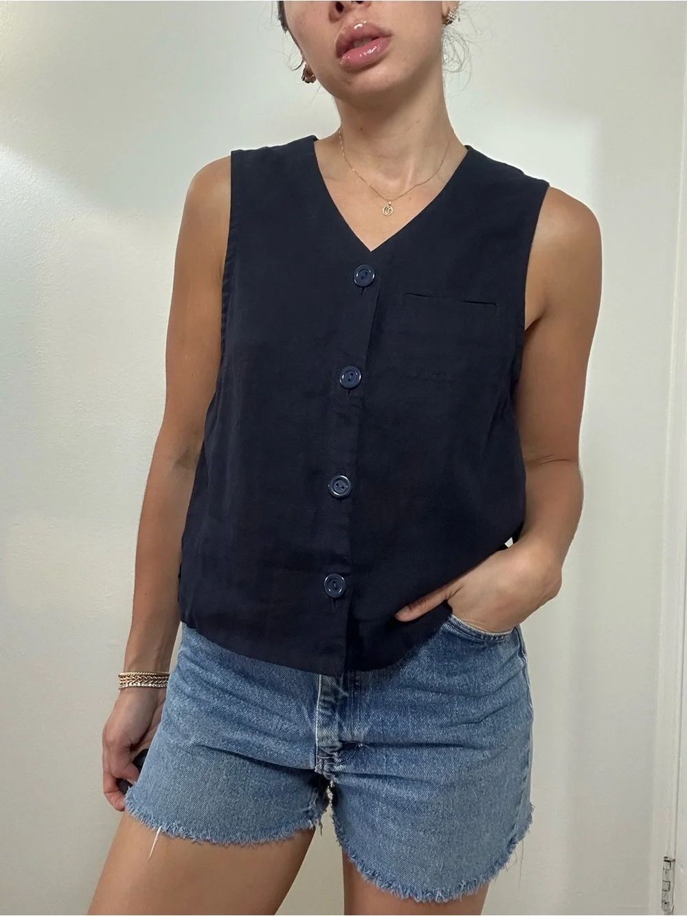 Vintage 90's Navy Blue 100% Linen Sleeveless V-Neck Button Front Top Vest Size S
